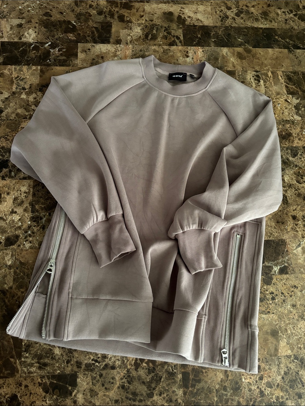 RD Style taupe bomber pullover with side zips